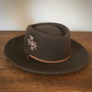Wide Brimmed Brown Hat with Embroidery - Size Large